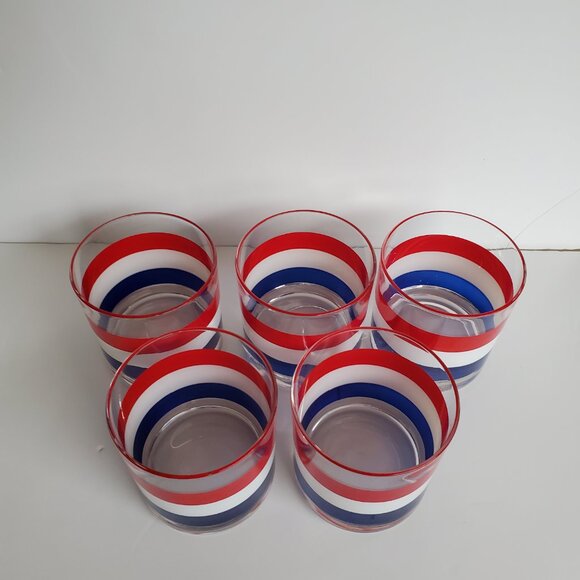 Vintage Low Ball Rocks Drinking Glasses Red White & Blue Striped 5pcs Barware - Picture 4 of 7